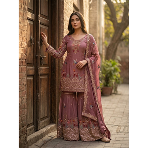 <b>Top</b> Notch Quality Beautiful Designer Indian Clothing Collection of Chinnon Silk Sharara Suit with Embroidery Work at Low Price - Product Image 1