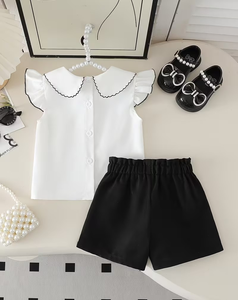 Girls White Short Sleeve Top Peter Pan Collar Black Elastic Waist Shorts Sweet Style Two Piece Set Polyester/Cotton Comfortable - Product Image 1