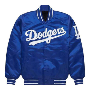 Chaqueta Varsity de Satén Nueva para Hombre, Azul, con Logotipo LA Bordado, Estilo Preppy, Cierre de Cremallera, Ajuste Regular, para Otoño - Product Image 3