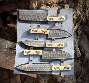 Ensemble de couteaux de chef professionnels en acier Damas faits main sur mesure, manche en os, vente en gros OEM, 5 pièces, qualité industrielle - Product Image 1