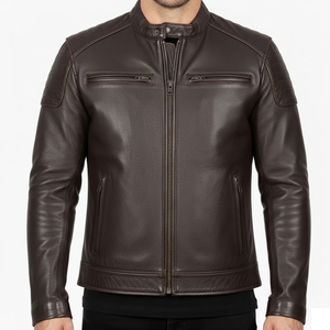 Veste moto en cuir véritable pour homme, col montant, fermeture éclair, coupe classique, style automne, marron foncé, couleur unie - Product Image 4