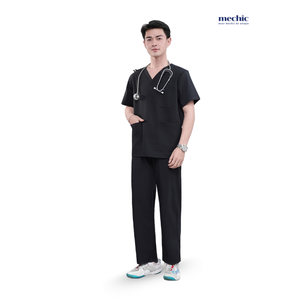 Conjunto de Uniforme Médico para Hombre, Cuello en V, Color Negro, Manga Corta, Tejido de Algodón y Poliéster, Incluye Pantalones - Product Image 3