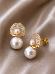 Luxury Gold Plated Pearl <b>Stud</b> Drop <b>Earrings</b> <b>Crystal</b> Pave Fan Design Orthodox Trendy Elegant Jewelry Women Party Gift - Product Image 4