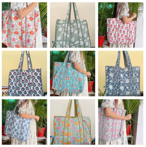 Sac fourre-tout matelassé pour femme, fait main en Inde, imprimé au bloc, pour toutes les saisons, avec fermeture éclair - Product Image 2