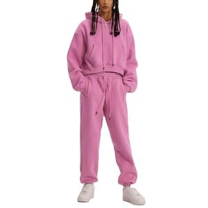 2026 surdimensionné 100% coton sweats à capuche ensemble pour femmes décontracté rose polaire avec recadrée deux pièces pour l'automne et l'hiver - Product Image 3