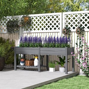 Fioriera Rialzata Grigia con Tavolino Laterale, Ripiano Inferiore e Fori di Drenaggio, in Legno, per Patio, con Rivestimenti Interni Inclusi - Product Image 2