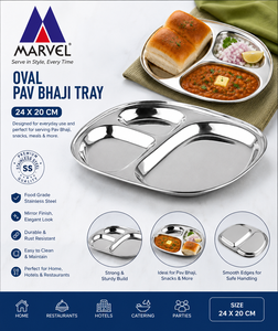Stainless Steel 3 Compartment Oval Pav Bhaji Tray 24 x 20 Cm Metal Serving Plate - Product Image 3