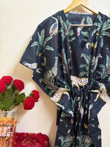 Women Black Floral Print Cotton <b>Kaftan</b> Dress | V-neck Batwing Sleeve Maxi Safari <b>Beach</b> Cover-Up Boho Resort Wear Free Size - Product Image 5