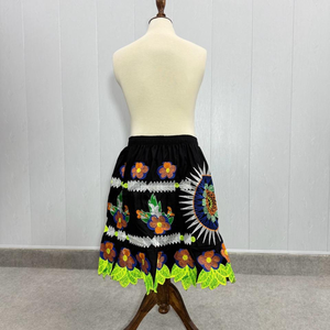 Jupe noire brodée florale traditionnelle en gros pour femme, taille élastique, style bohème, robe midi d'été, motif ethnique feuille, jupes décontractées - Product Image 2