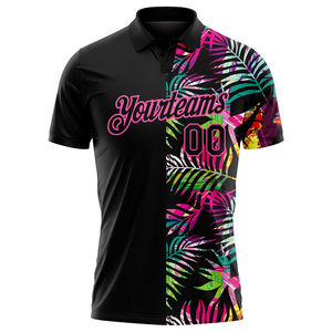 Impression personnalisée OEM en gros pour chemise, motif feuilles de palmier 3D noir et rose, style tropical, logo du nom de l'équipe, séchage rapide, coupe performante - Product Image 2
