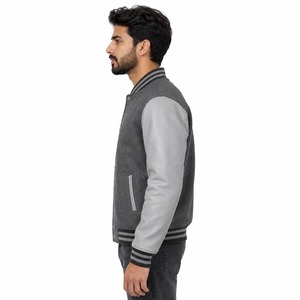 Chaqueta Universitaria Clásica, Cuerpo de Lana y Poliéster, Mangas de Cuero Sintético, Cuello y Puños Acanalados, Cierre de Botones a Presión, Estilo Casual Universitario - Product Image 4