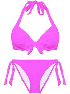 Traje de baño de verano para mujer, conjunto de bikini sexy de dos piezas con aros, color liso, cuello en V, corte medio, traje de baño para playa - Product Image 2