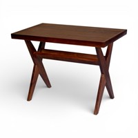 Set Scrivania e Sedia da Ufficio Moderno Mid-Century in Legno Massello con Gambe a X, con Contenitore, Intreccio in Rattan Fatto a Mano, Durevole e Personalizzabile