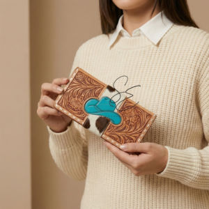 Portefeuille en cuir artisanal personnalisé avec motif de chapeau de cowboy turquoise en peau à poils apparents, style western, pochette zippée pour femme - Product Image 2