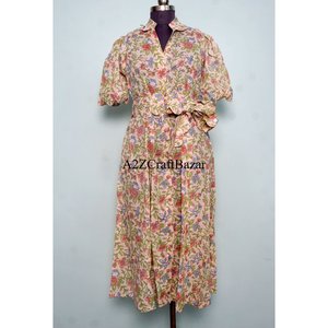 Kangura Women's Modern Sweet Eco-friendly 100% Cotton Floral A-Line Midi Dress V-Neck Short Sleeve Button Decoration Washable - Product Image 5
