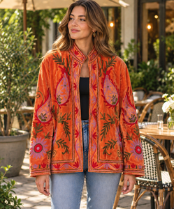 Handcrafted Orange <b>Velvet</b> Jacket Suzani Embroidery, Floral Boho Style <b>women's</b> winter <b>coat</b> - Product Image 1
