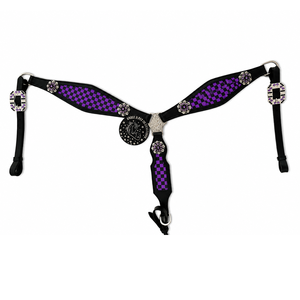 Ensemble de têtière et de collier de poitrail pour cheval Western en cuir noir, avec incrustation à carreaux violets et conchos en strass, confortable et durable - Product Image 2