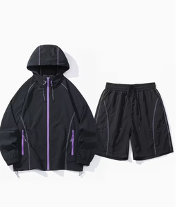 Ensemble 2 pièces à capuche et manches longues, short uni en polyester respirant à séchage rapide, coupe ample, sportif, été, unisexe, tricoté pour femme - Product Image 1