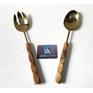 Ensemble de cuillères à salade en acier inoxydable de haute qualité avec manche en bois, ensemble de cuillères à salade plaquées or PVD, ustensiles de cuisine, vaisselle - Product Image 1