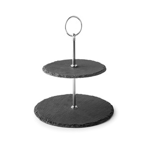 Espositore a due livelli rotondo in ardesia con manico in metallo per servire torte e dessert - Product Image 1