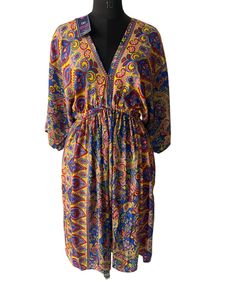 DHMZI Vestido midi con estampado bohemio, cuello en V profundo, manga tres cuartos, corte holgado, cintura elástica, ropa informal de verano - Product Image 1