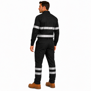 Men's <b>Black</b> Reflective Workwear Set Full Sleeve Shirt Cargo <b>Pants</b> with Safety Stripes Regular Fit Autumn Casual Wear - Product Image 4