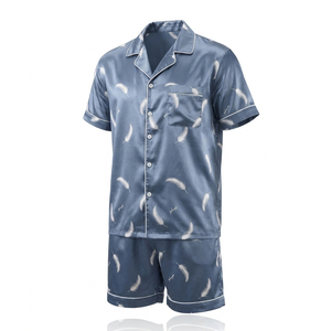 Ensemble de pyjama en soie douce 2026 pour homme, imprimé plumes, en soie glacée, manches courtes et short, vêtements de nuit - Product Image 3