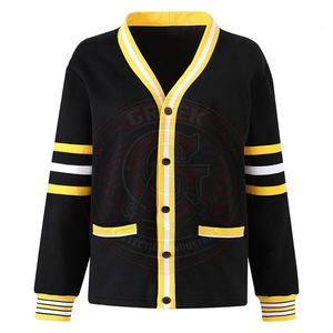 Cárdigan Negro con Ribete Amarillo y Blanco, Suéter Unisex de Algodón y Felpa, Cuello Redondo, Estilo Preppy, Ropa Universitaria - Product Image 2