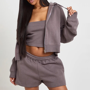 Ensemble de sport et streetwear 2 pièces pour femme de haute qualité, taille XL, couleur personnalisée, sweat à capuche court zippé, short uni au-dessus du genou, séchage rapide et respirant - Product Image 5