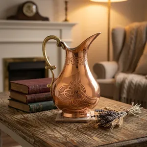 Carafe à eau en cuivre de style ottoman gravée à la main avec poignée en laiton, calligraphie traditionnelle, vaisselle en cuivre - Product Image 2