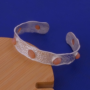 Peach Moonstone Geometric Textured Handmade Adjustable Brass Cuff <b>Bangle</b> <b>Silver</b> Gold Plating Trendy Statement Unisex <b>Bracelets</b> - Product Image 4