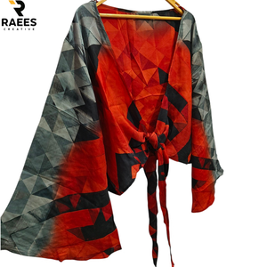 New Arrival Wrap Top Tie Top Fashionable New Printed Silk Wrap Top Bell Sleeves Crop Top <b>Tunic</b> Dress For Women - Product Image 5