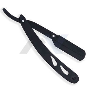 Rasoir droit professionnel en acier inoxydable massif avec logo personnalisé, finition noire, lame apparente, pour barbier et salon, outil de façonnage de barbe - Product Image 3