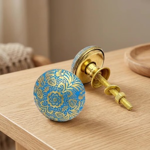 Poignée de meuble ronde multifonction en laiton et bois, motif floral bleu et or moderne, pour commode et tiroir - Product Image 1