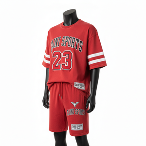 Conjunto de camiseta y pantalones cortos de algodón para hombre, duradero, suave al tacto, rojo y blanco, ropa informal, logotipo con apliques personalizados, conjunto de camiseta y pantalones cortos para hombre - Product Image 4