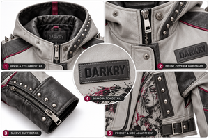 Grey <b>Women</b> Genuine Leather Hooded Jacket Custom Punk Portrait Graphic Print Colorblock Spiked <b>Outerwear</b> OEM Factory Service - Product Image 6