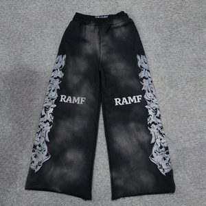 Pantalones de algodón holgados con doble cintura, efecto lavado y desgastado, estilo streetwear para hombre, de pierna ancha - Product Image 2