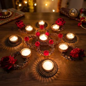 Handmade Rose <b>Tealight</b> Candle <b>Holder</b> Set Decorative Floral Rangoli for Diwali Wedding Festival and Home Table Decor - Product Image 2