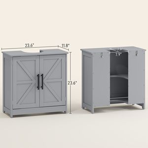 Mobiletto da Bagno Grigio Scuro Stile Rustico con Lavabo a Colonna, Armadietto a Terra con 2 Ante Scorrevoli e Ripiano Regolabile - Product Image 3