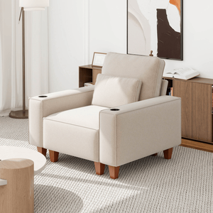 Poltrona Singola Moderna e Accogliente in Ciniglia con Seduta Profonda, Portabicchieri in Acciaio Inox Spazzolato, Cuscino Decorativo, Sedia d'Accento per Soggiorno - Product Image 3