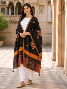Jaipur Moda Handmade Cotton Dupatta Black with Ajrakh Patchwork Border Tassels Traditional Indian Ethnic Wear for Women - Product Image 2