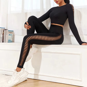 ชุดโยคะผู้หญิงแบบ 2 ชิ้น สีพื้น ขายส่ง รับทำโลโก้ OEM คุณภาพสูง ไซส์ใหญ่ ชุดออกกำลังกาย - Product Image 6