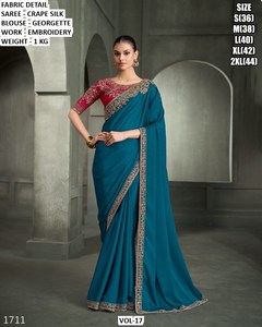 ผ้าไหมเครปสีเขียวอมฟ้าสำหรับผู้หญิง ยี่ห้อ Noor Elegance พร้อมเสื้อปักลาย ทรงปกติ ยาวคลุมเท้า เหมาะสำหรับงานแต่งงานแบบดั้งเดิม รุ่น 1711 - Product Image 1