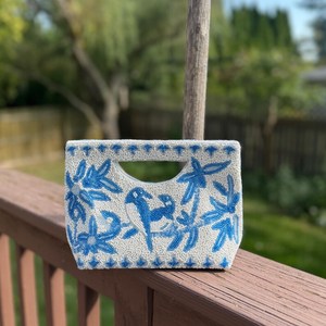 <b>Blue</b> <b>Beaded</b> Handbag With Bird And Floral Pattern Casual Embroidered Purse For Travel Summer Resort Use - Product Image 3