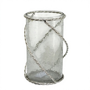 Modern Hammered Clear Glass Cylinder Vase with Twisted <b>Silver</b> <b>Wire</b> Cage - Decorative Tabletop Floral Centerpiece Vase - Product Image 1
