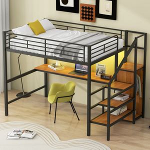 <b>Black</b> Full-Size Metal Loft <b>Bed</b> with LED Light Desk <b>Storage</b> Staircase Small Wardrobe - Product Image 4