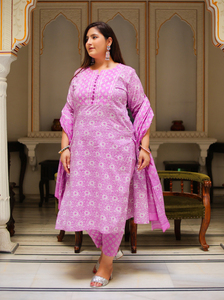 Purple Floral Kurta <b>Pant</b> Dupatta Set Cotton Round Neck <b>Three</b> <b>Quarter</b> Sleeve Plus Size Women Casual Ethnic Wear Wholesale - Product Image 2