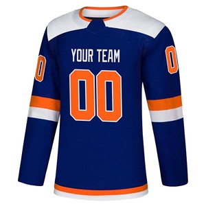Jersey de Hockey sobre Hielo Personalizado, Ecológico y Transpirable, Azul y Naranja, con Números Impresos Digitalmente, Manga Larga, Absorbe la Humedad, Ropa para Hombre - Product Image 1