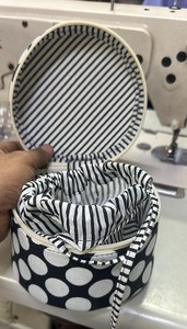 Handmade Cotton Round Cosmetic Storage Bag | Polka Dot Drawstring Makeup Organizer Travel <b>Case</b>. - Product Image 3