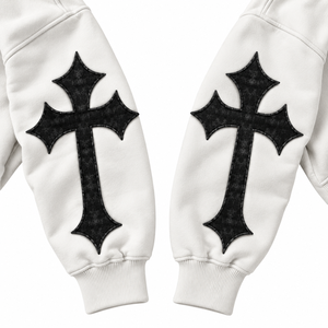 Hoodie oversize personnalisé unisexe en polaire blanc pour l'hiver, style streetwear avec impression numérique, broderie de perles, design croix et logo frontal - Product Image 6